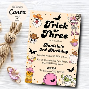 Trick or Three Halloween, Ghost 3rd Birthday Party Invitation, Ghost Third Birthday, Canva Template, Digital Download