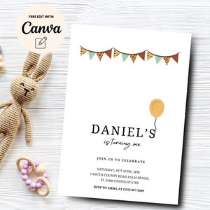 Boy First Birthday Invitation, Minimalist 1st Birthday Invite, Balloon 1st Birthday Invitation Printable,  Canva Editable, Digital Download