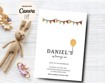 Boy First Birthday Invitation, Minimalist 1st Birthday Invite, Balloon 1st Birthday Invitation Printable,  Canva Editable, Digital Download