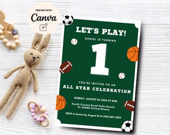 Sports 1st Birthday Invitation, Editable 1st Birthday Template, It's Game Time, All Star, 1st Birthday, Canva Editable, Digital Download