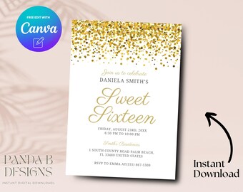Gold 16th Birthday Invitation, Minimalist Gold 16th Birthday Invite, Girl Sweet Sixteen Birthday Invite Canva Template, Digital Download