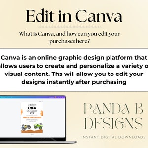 May include: A digital design advertisement with the text "Edit in Canva." The image includes a laptop displaying a birthday invitation with monster trucks. The text explains how to edit designs after purchase. The brand name "Panda B Designs" is also visible.