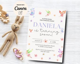 Fairy 7th Birthday Invitation, Fairy Princess Invitation Template, Fairy Party Invitation, Fairy Birthday Canva Template, Digital Download