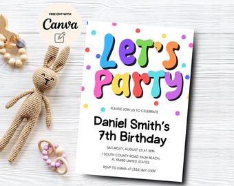 Plantilla de invitación para el séptimo cumpleaños de Let's Party, invitación imprimible para el séptimo cumpleaños de Confetti, fiesta colorida editable, plantilla de Canva, descarga digital