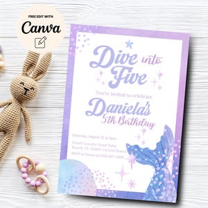 Dive Into Five Mermaid 5th Birthday Invitation,  Pink Purple Teal Little Mermaid Birthday Party Invite, Canva Template, Digital Download