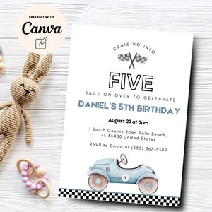 Race Car 5th Birthday Invitation, 5th Birthday Invite,  Boy 5th Birthday, Race Car Birthday Party, Canva Template, Digital Download