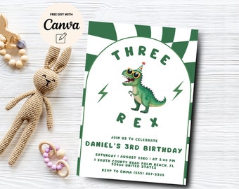 THREE REX Birthday Dinosaur, Birthday Invitation Retro T Rex, Checkered Invitation, Canva Template, Digital Download