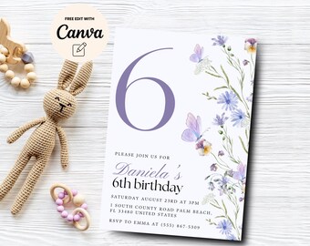 Invitación de sexto cumpleaños con diseño de mariposa, invitación de sexto cumpleaños, invitación de cumpleaños con diseño de mariposa y flores silvestres, Canva editable, descarga digital