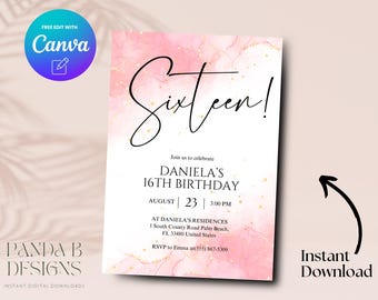 Faire-part pour 16e anniversaire de paillettes roses, invitation minimaliste pour 16e anniversaire rose, modèle de toile d'invitation Sweet Sixteen, téléchargement numérique