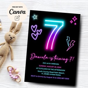 Neon 7. Geburtstagseinladung, rosa Glitzer 7. Geburtstag einladen druckbare, Mädchen-Geburtstagseinladung Canva Vorlage, digitaler Download