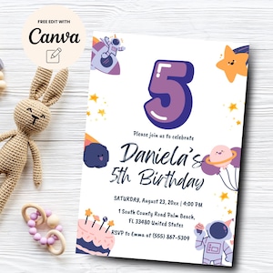 Invitación para el quinto cumpleaños del espacio, tema de despegue espacial, invitación para fiesta de cumpleaños de planetas y galaxias, plantilla Canva, descarga digital