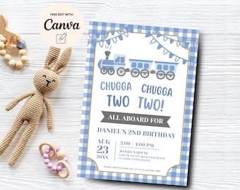 Chugga Chugga Two Two Invitation, Train Birthday Invitation, Second Birthday Party Boy, Canva Template, Digital Download