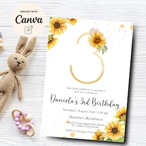 Sonnenblume 3. Geburtstagseinladung, Sonnenblume Gartenparty Einladung 3. Geburtstag, Sommer-Geburtstagseinladung, Canva Vorlage, digitaler Download