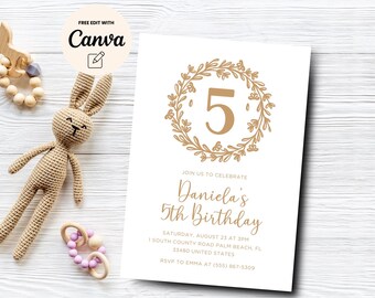 Boho 5e verjaardag bloemen verjaardagsuitnodiging, 5e verjaardag meisje meisje, bewerkbare boho uitnodiging, digitale download, Canva-sjabloon