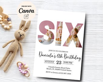 Invitación con foto para sexto cumpleaños, fiesta minimalista de sexto cumpleaños, plantilla de invitación con foto para sexto cumpleaños, plantilla Canva, descarga digital