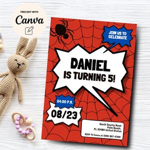 Spider 5th Birthday Invitation, Boy 5th Birthday, Spider Boy Birthday Invite, Red 5th Birthday, Canva Template, Digital Download