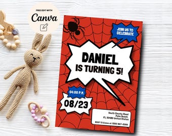 Invitación de cumpleaños número 5 de Spider, 5.º cumpleaños de niño, invitación de cumpleaños de Spider Boy, 5.º cumpleaños rojo, plantilla Canva, descarga digital
