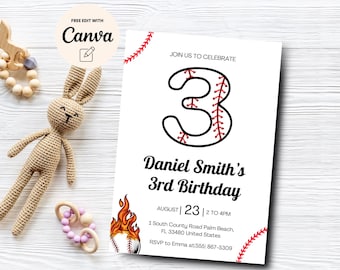 Baseball 3rd birthday invitation, Editable Baseball 3rd birthday Boy Invite, 3rd Birthday Sports, Canva Template, Digital Download