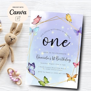 Butterfly Birthday Invitation, 1st Birthday Invite, Floral Butterfly Birthday Invitation, Purple Butterfly, Canva Template, Digital Download