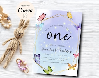 Convite de aniversário de borboleta, convite de 1º aniversário, convite de aniversário de borboleta floral, borboleta roxa, modelo Canva, download digital