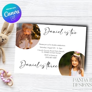 Photo Double Birthday Invite for Kids, Girl Boy Photo Birthday Invitation Joint Photo invite Any Age, Canva Template, Instant Download