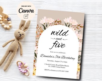 Wild and Five 5th Birthday Invitation, Wildflower 5th Birthday Party Invite, Fifth Birthday Invitation, Canva Template, Digital Download