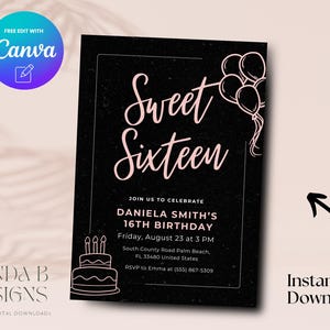 Sweet Sixteen 16th Birthday Invite, Pink 16th Birthday Invitation, Minimalist Black Birthday Invite Canva Template, Digital Download