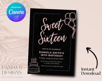 Sweet Sixteen 16th Birthday Invite, Pink 16th Birthday Invitation, Minimalist Black Birthday Invite Canva Template, Digital Download