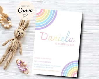May include: A pastel rainbow birthday invitation with the text "Daniela is turning six" and details for a party on August 23rd at 4pm. The invitation has a rainbow design with pastel colors.