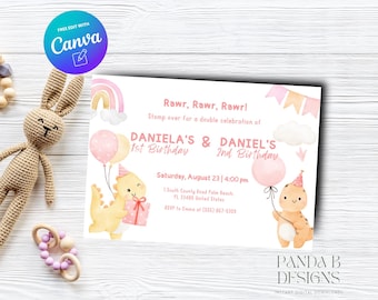 Dinosaur Double Birthday Invite for Kids, Girl Boy Birthday Invitation, Dinosaur Trex invite Any Age, Canva Template, Instant Download