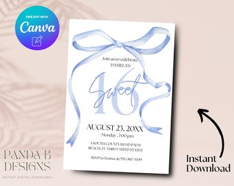 Blue Bow 16th Birthday Invitation, Minimalist Blue 16th Birthday Invite, Sweet Sixteen Invite Canva Template, Digital Download