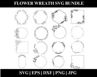 Floral Wreath SVG Bundle, Botanical Circle Frame, Wedding Garland Clipart, Digital Download