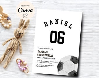 May include: A white and black soccer-themed birthday invitation for a boy turning six. The invitation features a black and white soccer ball graphic and the text "DANIEL 06". The invitation includes the text "JOIN US TO CELEBRATE DANIEL'S 6TH BIRTHDAY SAT AUGUST 23 | 4PM South County Road Palm Beach, FL 33480 United States TO Emme at (555) 867-5309 by 10 August 2024".