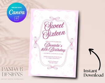Pink 16th Birthday Invite, Minimalist Pink 16th Birthday Invitation, Editable Girl 16th Birthday Invite Canva Template, Digital Download