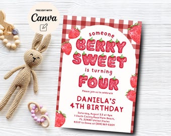 Berry Sweet 4th Birthday Invitation, Strawberry Party Invite, 4th Birthday, Girl Pink Birthday Invite, Canva Template, Digital Download