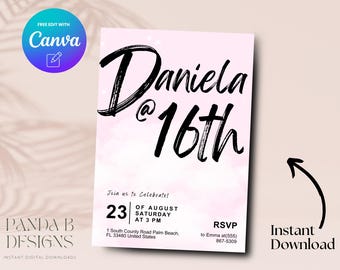Invitation modifiable de 16e anniversaire rose, Invitation minimaliste de 16e anniversaire rose, modèle de toile d'invitation anniversaire Sweet seize ans, téléchargement numérique