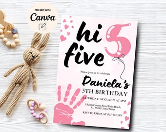 Hi-Five 5th Birthday Invitation, Modern Party Invite, High Five Birthday, Girl Pink Birthday Invite, Canva Template, Digital Download