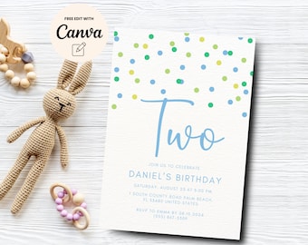 May include: A blue and white birthday invitation with confetti in shades of blue, green, and yellow. The invitation says "Two" in blue script and "Daniel's Birthday" in black text. The invitation includes the date, time, and location of the party.
