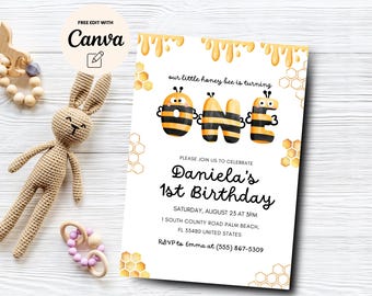 Bee 1st Birthday Invitation Our Little Honey First Birthday Invitation Bee Birthday Invite Bee Birthday Canva Template, Digital Download