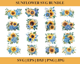 Könnte beinhalten: Ein Set mit 16 SVG-Schnittdateien für Sonnenblumen. Jedes Design zeigt eine Sonnenblume mit blauen Hortensienblüten und grünen Blättern. Die Designs sind perfekt für Bastelprojekte, Scrapbooking und mehr.