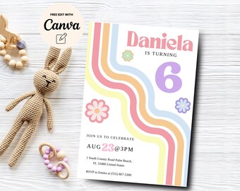 Rainbow 6th Birthday Party Invitation, Rainbow Pastel Retro Party, Groovy 6th Birthday Invite, Canva Template, Digital Download