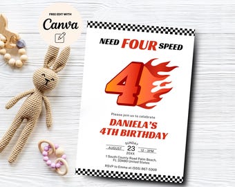 Need Four Speed Invitation, Editable Race Car 4th Birthday Invite, Editable Boy 4th Birthday Invitation, Canva Template, Digital Download