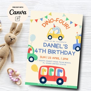 Dinosaur Birthday Invitation, Dino Four Boy Birthday Invite, 4th Birthday Invitation Template, Canva Template, Digital Download