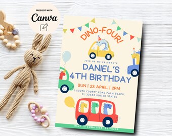 Dinosaur Birthday Invitation, Dino Four Boy Birthday Invite, 4th Birthday Invitation Template, Canva Template, Digital Download