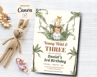 Young Wild and Three invitation, Safari animals 3rd birthday invitation, Jungle birthday party, Canva Template, Digital Download