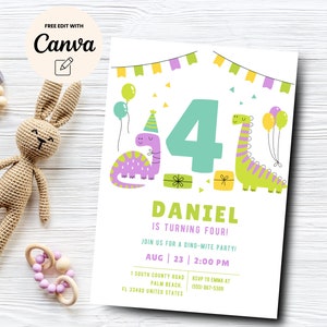 Dino-Four 4th Birthday Invitation, 4th Birthday Invite, Dinosaur Boy Invite, Dinosaur Party Invitation, Canva Template, Digital Download