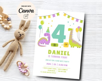Dino-Four 4th Birthday Invitation, 4th Birthday Invite, Dinosaur Boy Invite, Dinosaur Party Invitation, Canva Template, Digital Download