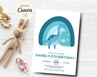 Dinosaur 5th Birthday Invitation, Boy Dinosaur 5th Birthday Invitation, Blue Rainbow Dinosaur Invitation, Canva Template, Digital Download