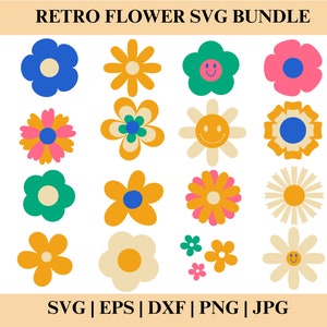 Groovy Flowers SVG Cut File, Retro Flower PNG for Sublimation, Commercial Use Files for Cricut, Silhouette, Trendy SVG Clip Art