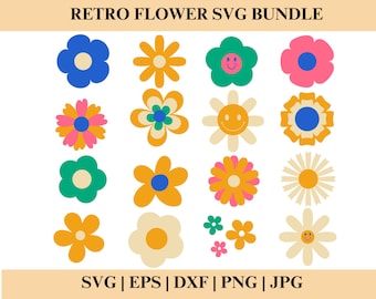May include: A set of 16 retro flower SVG cut files. The flowers are in various colors, including yellow, blue, green, pink, and orange. Some of the flowers have smiley faces.